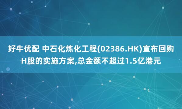 好牛优配 中石化炼化工程(02386.HK)宣布回购H股的实施方案,总金额不超过1.5亿港元